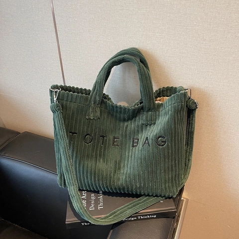 Dames Corduroy Tote Bag Grote Capaciteit Letter Borduurwerk Schouder Crossbody Tas Met Verstelbare Riem Vintage Casual Handtas