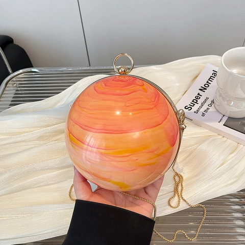 Ball Shape Clutch Bag Acrylic Marble Print Evening Handbag For Women With Metal Chain Strap And Ring Handle