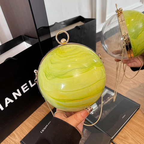 Ball Shape Clutch Bag Acrylic Marble Print Evening Handbag For Women With Metal Chain Strap And Ring Handle