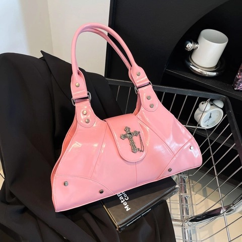 Borsa Tote Punk Gotica Con Croce Per Donna Pelle PU Grande Capacità Borsa A Spalla Con Borchie Moda Y2K Streetwear