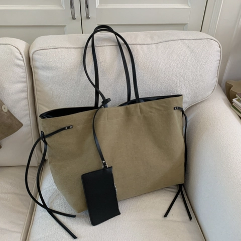 Große Canvas Tote Bag Mit Kleiner Tasche Für Damen Einfache Pendler Schultertasche Handtasche Kordelzug Lässig