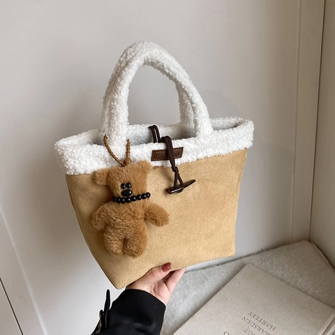 Damen Eimer Tasche Wildleder Lammwolle Besatz Plüsch Herbst Winter Handtasche Koreanischer Stil Bärenanhänger Dekorativer Knebelverschluss