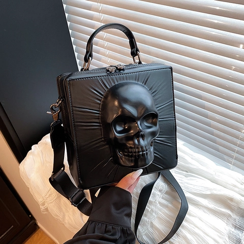 Gothic 3D Skull Relief Square Crossbody Bag Black PU Leather Punk Rock Style Shoulder Handbag For Women Unique Box Bag