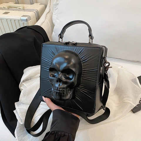 Gothic 3D Skull Relief Square Crossbody Bag Black PU Leather Punk Rock Style Shoulder Handbag For Women Unique Box Bag