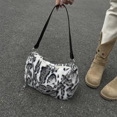 Borsa A Spalla In Peluche Con Stampa Leopardata Sottobraccio Catena In Metallo Tracolla In Pelle PU Accessorio Invernale Donna