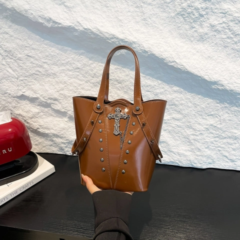 Women's Gothic Punk Bucket Bag Shiny PU Synthetic Leather Handbag Cross Rivet Chain Tote Shoulder Bag Daily Commuter Crossbody Bag