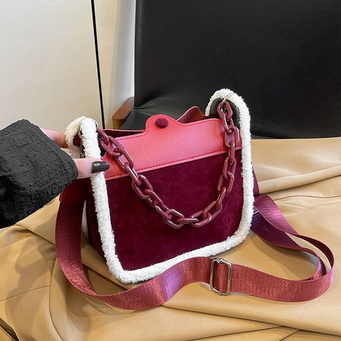 Borsa A Tracolla In Peluche Da Donna Vintage Patchwork In Lana D'agnello Sintetica Scamosciata Pelle PU Borsa A Spalla Con Catena Grossa