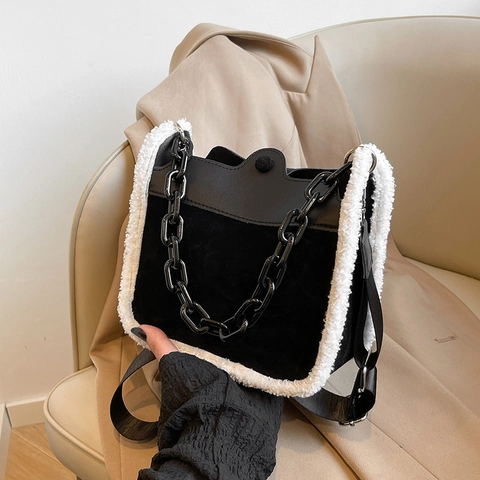 Borsa A Tracolla In Peluche Da Donna Vintage Patchwork In Lana D'agnello Sintetica Scamosciata Pelle PU Borsa A Spalla Con Catena Grossa