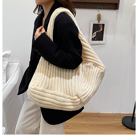 Bolso De Hombro De Punto De Gran Capacidad Bolso Tote Dumpling Tejido Acanalado Urbano Simple Mujeres Con Bolsa Interior