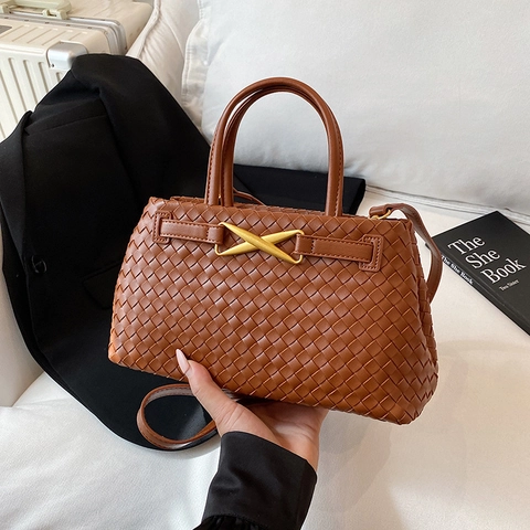 Borsa a Mano da Donna in Pelle PU Intrecciata Vintage Minimalista Tracolla con Fibbia in Metallo Borsa Tote da Pendolare