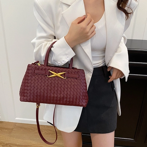Borsa a Mano da Donna in Pelle PU Intrecciata Vintage Minimalista Tracolla con Fibbia in Metallo Borsa Tote da Pendolare