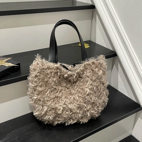 Bolso De Mano De Felpa Para Mujer Bolso Tote De Piel Sintética Invierno Gran Capacidad Estilo Francés Vintage