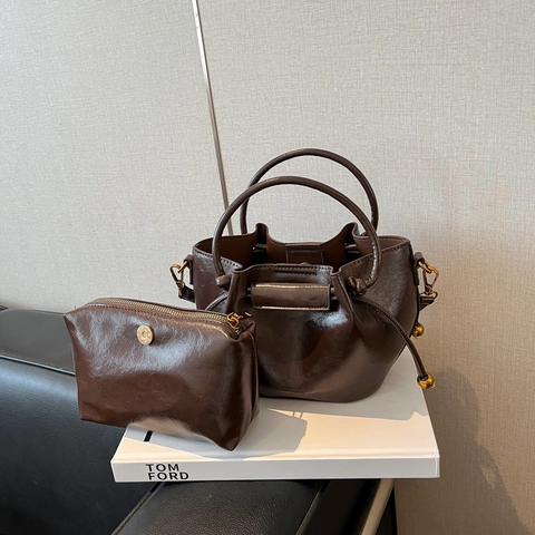 Vintage Damen Eimer Tasche Wildleder PU Leder Kordelzug Handtasche Mit Goldener Perle Nischen Design
