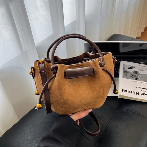 Vintage Damen Eimer Tasche Wildleder PU Leder Kordelzug Handtasche Mit Goldener Perle Nischen Design