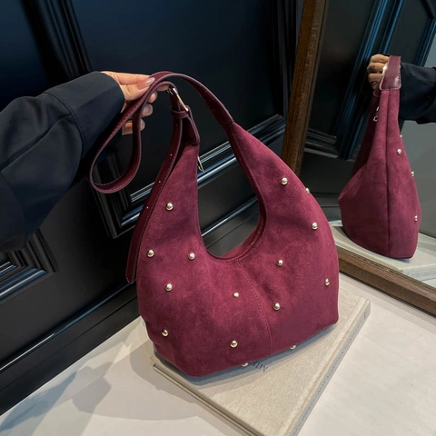 Retro Hobo-Tasche Aus Wildleder Für Damen Große Kapazität Retro Mond Schultertasche Mit Goldnieten Verstellbarer Riemen