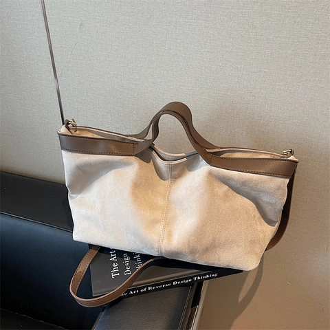 Bolso Tote Grande Mujer Gamuza Cuero PU Color Contraste Bolso De Mano Vintage Bolso Bandolera Minimalista Oficina
