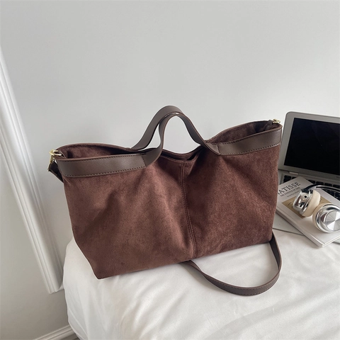 Bolso Tote Grande Mujer Gamuza Cuero PU Color Contraste Bolso De Mano Vintage Bolso Bandolera Minimalista Oficina