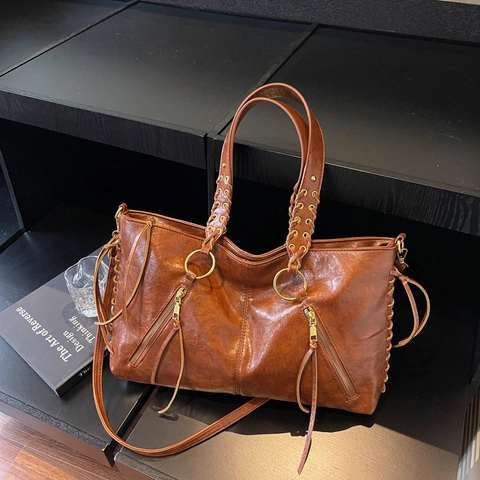 Women Large Tote Bag PU Leather Vintage Glossy Shoulder Handbag Braided Handles Tassels Commute Retro Handheld Bag