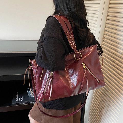 Women Large Tote Bag PU Leather Vintage Glossy Shoulder Handbag Braided Handles Tassels Commute Retro Handheld Bag