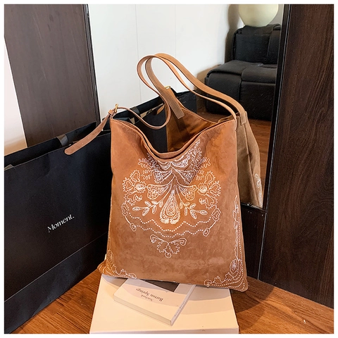 Bolso De Hombro Con Bordado Bohemio Retro Ante Gran Capacidad Tote Patrón Floral Mujeres Bolso De Viaje