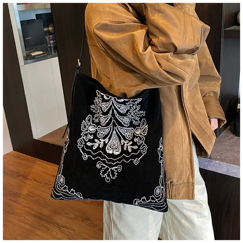 Bolso De Hombro Con Bordado Bohemio Retro Ante Gran Capacidad Tote Patrón Floral Mujeres Bolso De Viaje