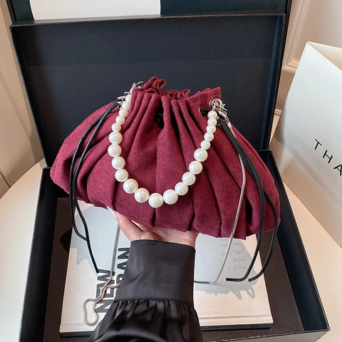 Women Ruched Bucket Bag Faux Suede Pleated Cloud Crossbody With Artificial Pearl Handle And Metal Chain Retro Drawstring