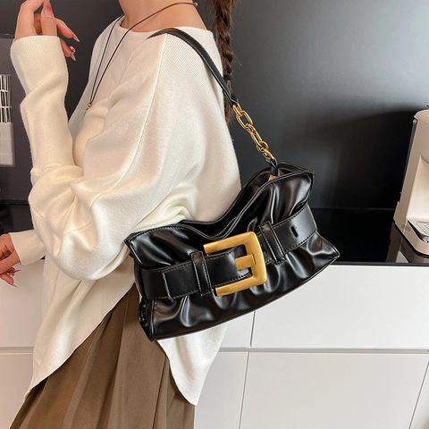 Gekräuselte Unterarmtasche PU Leder Wolke Plissee Schultertasche Große Goldene Schnalle Vintage Gürtel Dekor Pendler Damen