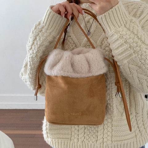 Plüsch Eimer Tasche Wildlederimitat Kordelzug Umhängetasche Winter Schulterhandtasche Warm Weich