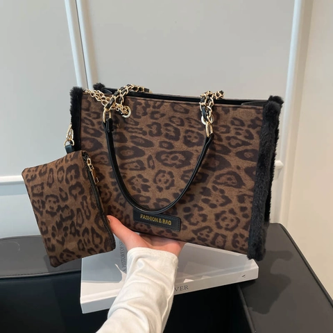 Dames Shopper Met Luipaardprint En Imitatiebont Afwerking Met Kettingriem Grote Schoudertas En Kleine Portemonnee Met Rits