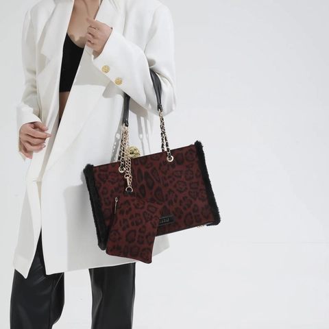 Dames Shopper Met Luipaardprint En Imitatiebont Afwerking Met Kettingriem Grote Schoudertas En Kleine Portemonnee Met Rits