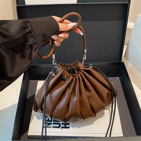 Damen Geriffelte Wolke Umhängetasche Weiches PU Leder Plissierte Dumpling Pouch Mit Kordelzugverschluss Tägliche Mode Handtasche
