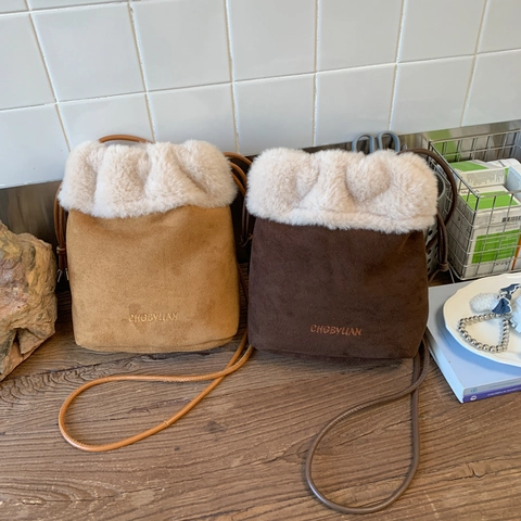 Plüsch Eimer Tasche Wildlederimitat Kordelzug Umhängetasche Winter Schulterhandtasche Warm Weich