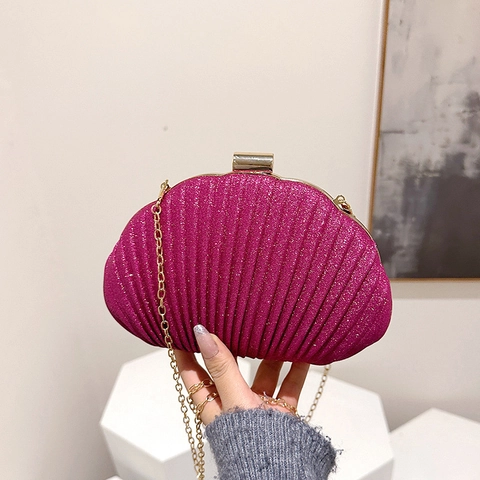 Muschelförmige Abendtasche Glitzer Plissiert Umhängetasche Mit Metallkette Für Party Bankett Damen