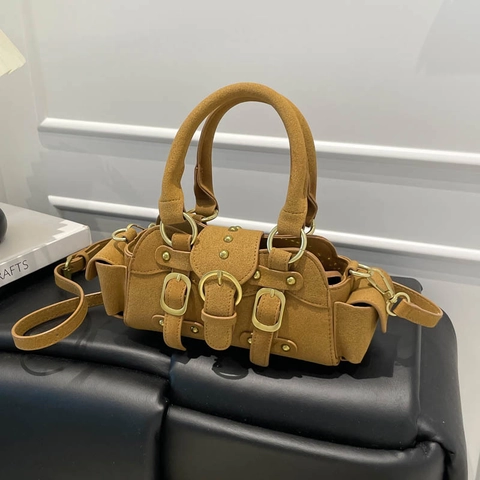 Vintage PU Leather Mini Crossbody Bag With Metal Buckles Rivets Top Handle Adjustable Strap Retro Biker Handbag For Women