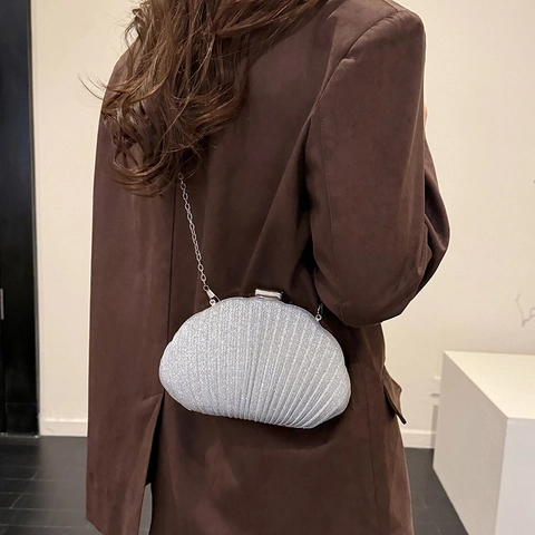 Muschelförmige Abendtasche Glitzer Plissiert Umhängetasche Mit Metallkette Für Party Bankett Damen