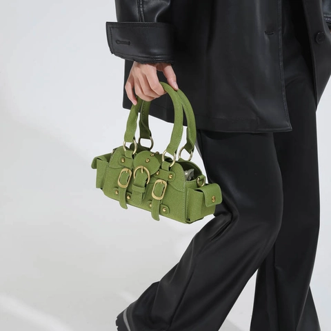 Vintage PU Leather Mini Crossbody Bag With Metal Buckles Rivets Top Handle Adjustable Strap Retro Biker Handbag For Women