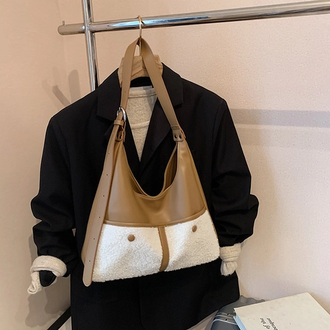 Bolso De Hombro Hobo Grande Para Mujer Cuero PU Y Lana De Cordero Patchwork Color De Contraste Casual
