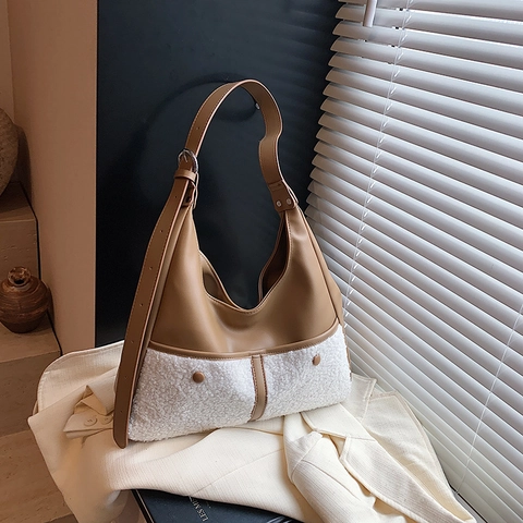 Bolso Hobo Vintage de Gran Capacidad para Mujer Color en Contraste Patchwork de Peluche Bolso de Hombro Tote Elegante