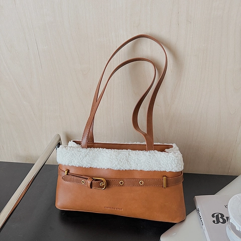 Retro Achsel Umhängetasche Für Damen Kunstlammwolle PU Leder Kontrast Patchwork Gürtelschnalle Dekor Vintage Chic Täglich