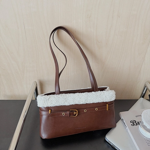 Retro Achsel Umhängetasche Für Damen Kunstlammwolle PU Leder Kontrast Patchwork Gürtelschnalle Dekor Vintage Chic Täglich