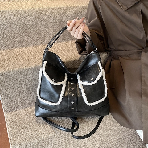 Women Vintage Large Capacity Commuter Bag PU Leather With Faux Fur Trim And Rivet Decor Multi Use Shoulder Backpack