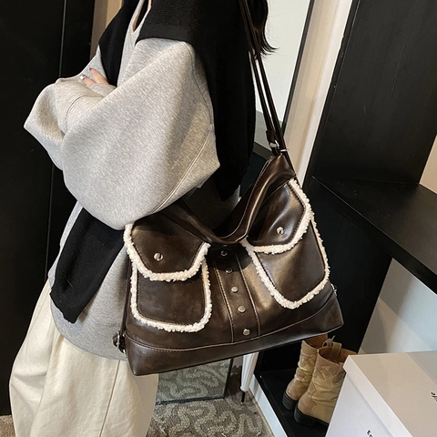 Women Vintage Large Capacity Commuter Bag PU Leather With Faux Fur Trim And Rivet Decor Multi Use Shoulder Backpack