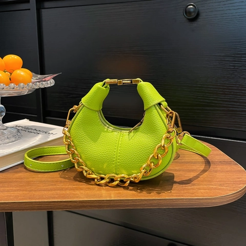 Mini Crescent Hobo Bag For Women Litchi Grain PU Leather With Gold Chain Decor Crossbody Shoulder Handbag Trendy Chic