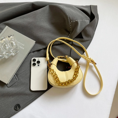 Mini Crescent Hobo Bag For Women Litchi Grain PU Leather With Gold Chain Decor Crossbody Shoulder Handbag Trendy Chic