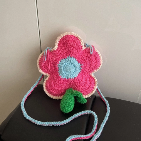 Handmade Crochet Flower Shaped Crossbody Bag For Women Sweet Floral Knitted Phone Bag Small Woven Shoulder Bag Summer Streetwear Accessory