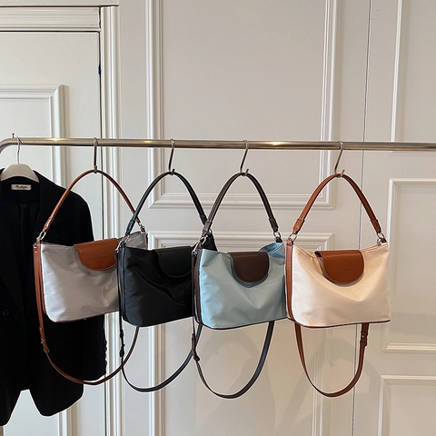Bolso Tote Para Mujer Tela Oxford Color De Contraste Cuero PU Gran Capacidad Bolso De Hombro Vintage Conmutación Trabajo Axila