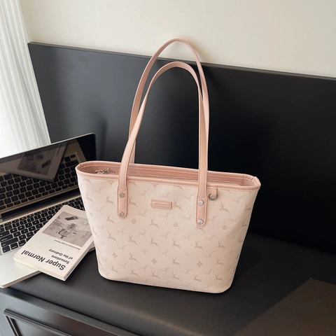 Women Tote Bag Large Capacity PU Leather Deer Print Zipper Closure Commute Travel Elegant Simple Handbag
