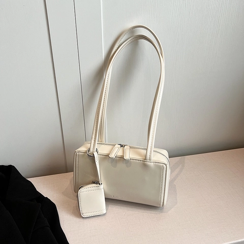 Minimalist PU Leather Underarm Baguette Bag With Detachable Mini Pouch Long Straps Trendy Commute Shoulder Bag For Women
