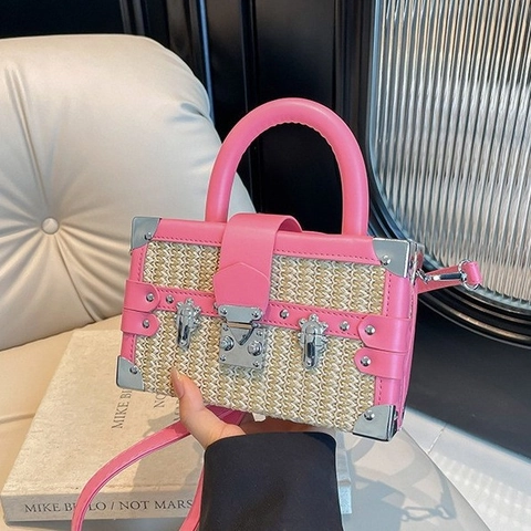 Damen Stroh Gewebte Box Tasche PU Leder Trim Koffer Umhängetasche Mit Metallecken Nieten Verschluss Griff