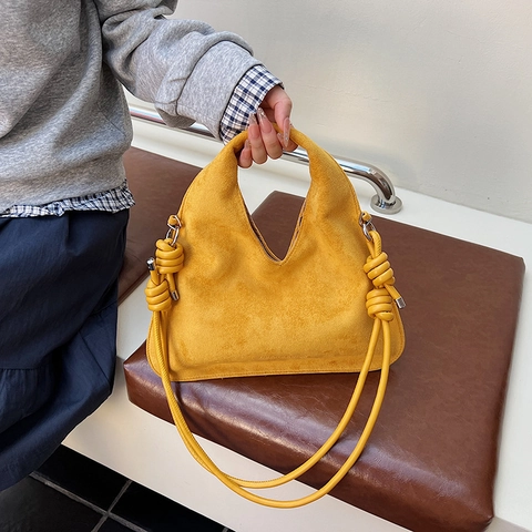 Women Shoulder Bag Suede Frosted PU Retro Hobo Underarm Handbag With Knot Strap V-Shape Opening For Daily Commute
